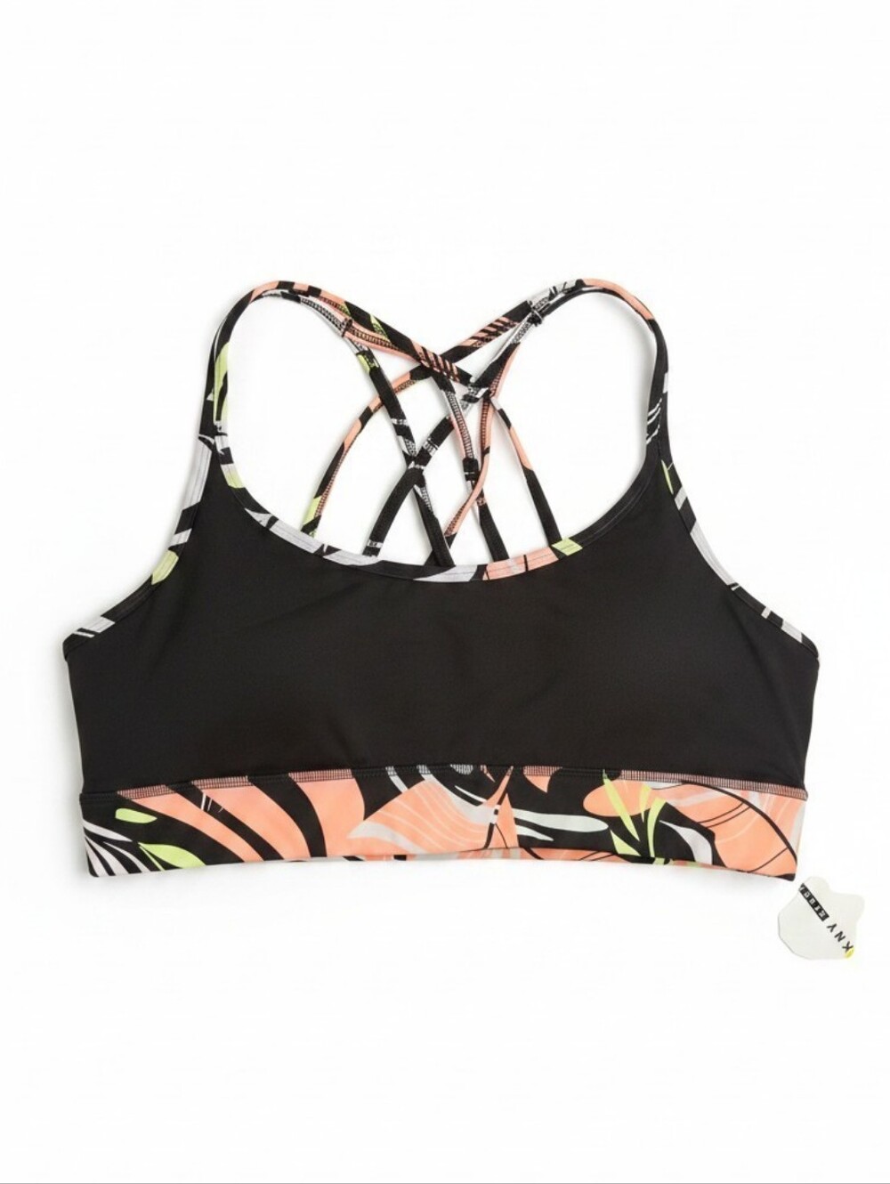 NWT! DKNY Women's Strappy Sports Bra - Black with Peach Floral Trim